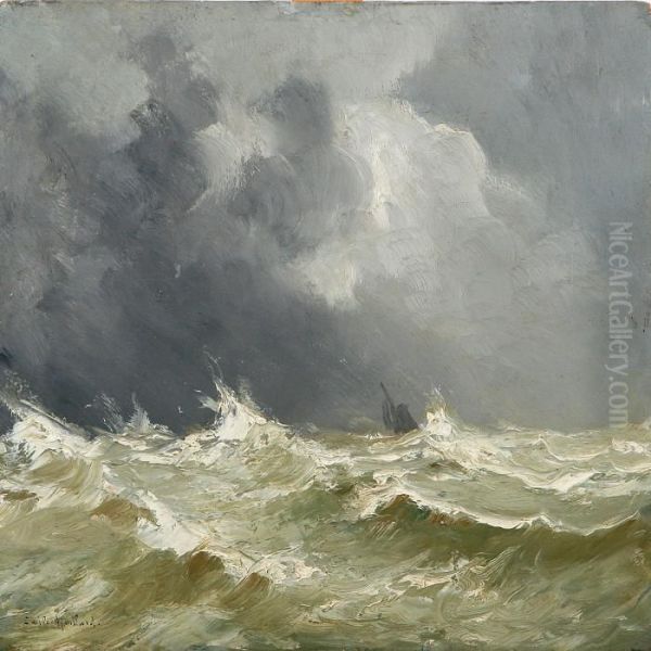 A Stormy Sea With A Sailing Ship Oil Painting by Emile Maillard