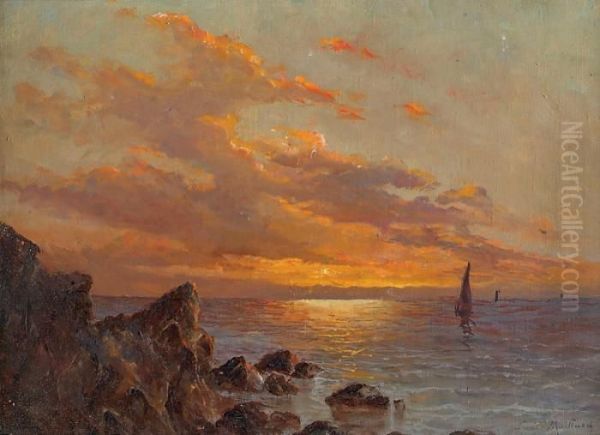 Bateaux Au Coucher Du Soleil Oil Painting by Emile Maillard