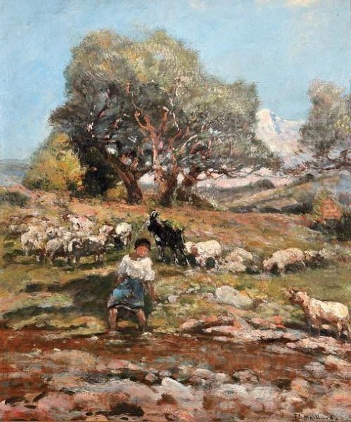 Bergere Et Son Troupeau Oil Painting by Fernand Maillaud