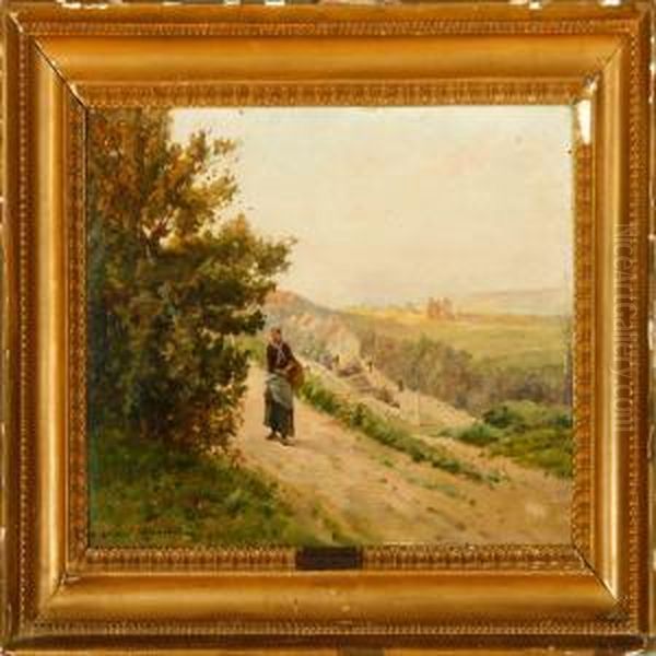 French Landscape With A Young Girl Walking On The Village Road Oil Painting by Gustave Maincent