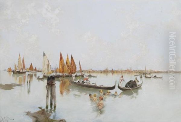 At Venice With Urchins Swimming Oil Painting by Raffaele Mainella