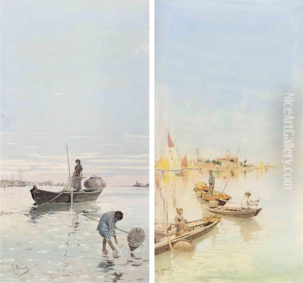 Fishing On The Venetian Lagoon Oil Painting by Raffaele Mainella