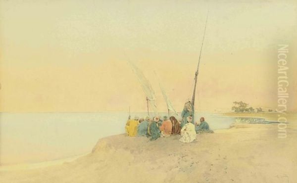 Arabs On The Coast At Dusk Oil Painting by Raffaele Mainella