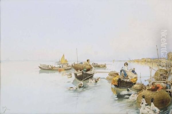 Pescatori A Venezia Oil Painting by Raffaele Mainella