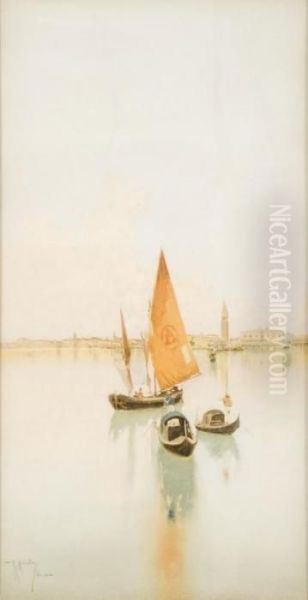 Venezia, Gondole E Vele In Laguna Oil Painting by Raffaele Mainella