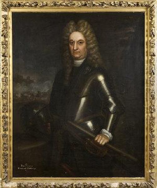 Rouvingy, Earl Of Gallway. Three Quarter Length, In Armour, Abattlefield In The Background Oil Painting by Martin Maingaud