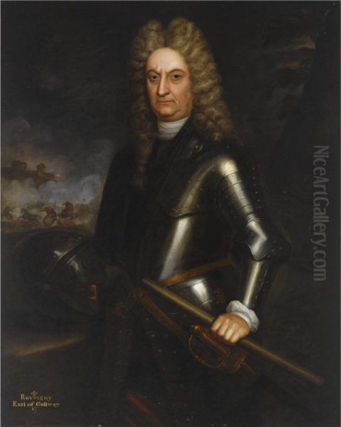 A Portrait Of Rouvigny, Earl Of Gallway, Standing Three-quarter Length, Wearing Armour, A Cavalry Battle Scene Beyond Oil Painting by Martin Maingaud