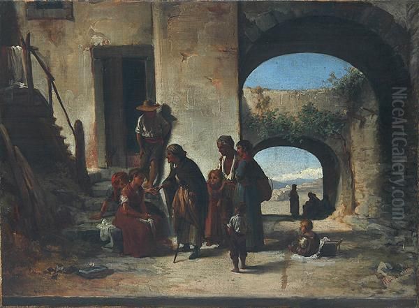 La Lettura Della Mano Nel Cortile Oil Painting by Alberto Maironi Da Ponte