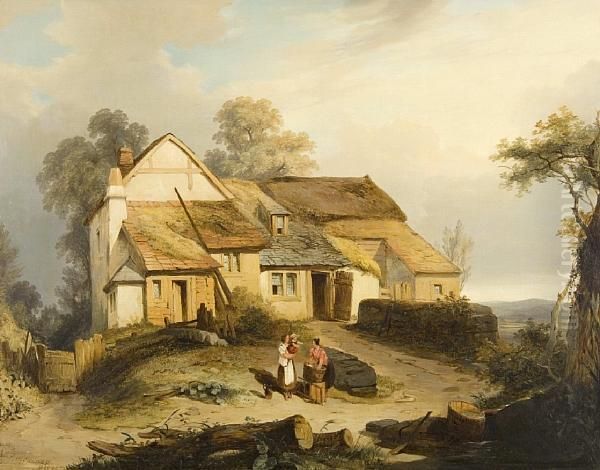 Figures Before A Cottage Oil Painting by David Maitland Mckenzie