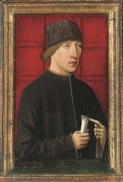 Portrait Of A Man, Half-length, In A Black Coat With Gold Trim And A Cap, Before A Red Cloth Oil Painting by Maitre De Flemalle