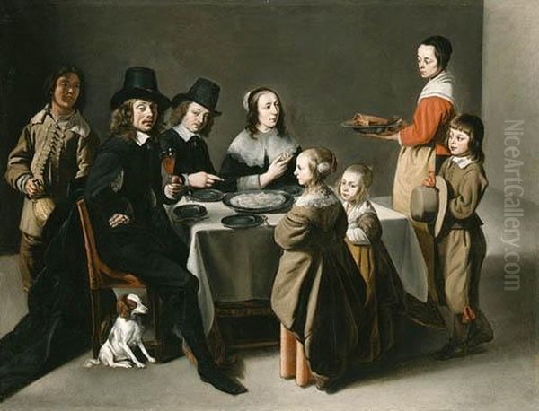 A Portrait Of The Poullain Family And Their Servants Gatheredaround A Table For A Frugal Meal Oil Painting by Maitre Des Jeux