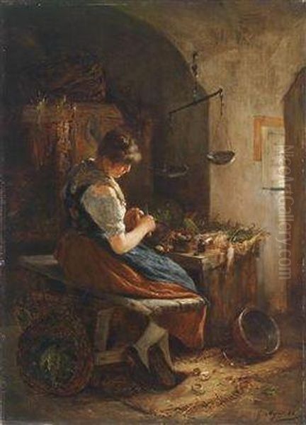 Girl In The Kitchen Oil Painting by Gustav Majer