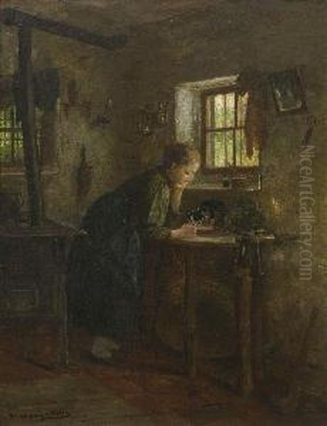 Madchen Beim Futtern Der
 Katze Oil Painting by Gustav Majer