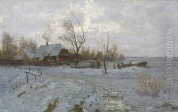 Bauern Beim Eisschneiden Am
 Seeufer Oil Painting by Gustav Majer