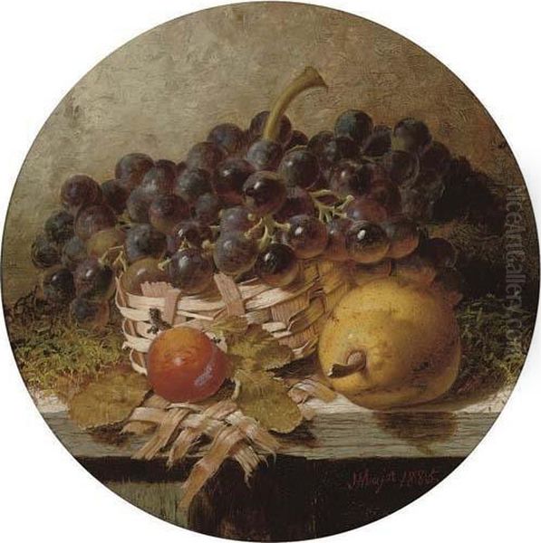 Grapes In A Wicker Basket With A Plum And Lemon To The Side, On A Wooden Ledge Oil Painting by Henry A. Major