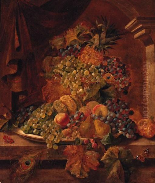 Grapes, Raspberries, Pomegranates, Pears, Peaches, Redcurrants, Apineapple, And A Gourd On A Stone Ledge Oil Painting by Henry A. Major