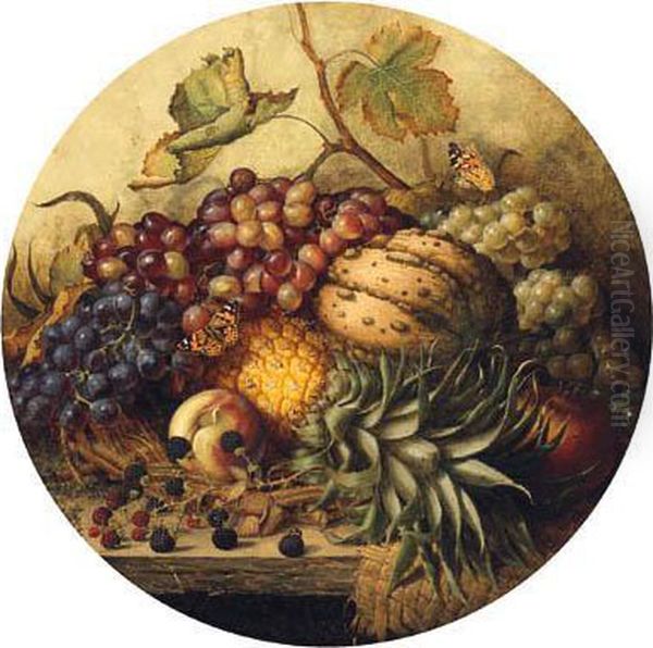 Grapes, Raspberries, A Gourd, A Pomegranate, A Peach, A Pineapple,a Wasp And Butterflies, On A Wooden Ledge Oil Painting by Henry A. Major