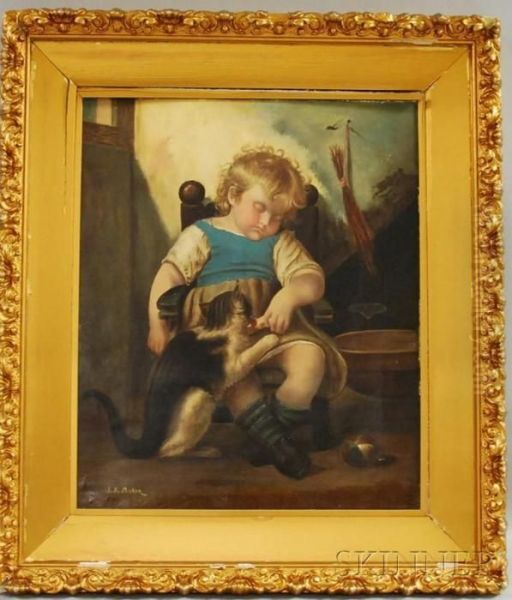 Sleeping Child With Cat/a Double-sided Composition Oil Painting by James K. Makin