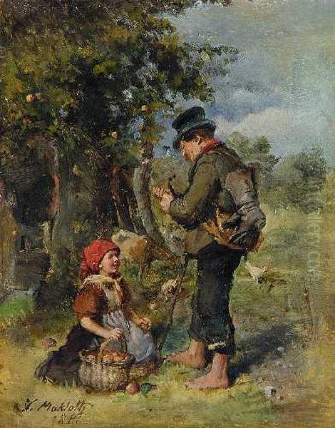 Wanderer Und Kleinesmadchen Mit Apfelkorb Oil Painting by Johann Makloth