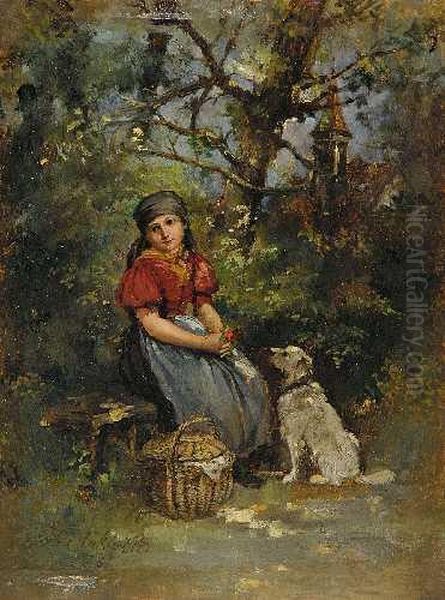 Madchen Mit Hund Aufeiner Bank Am Waldrand Oil Painting by Johann Makloth