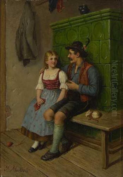 Bursch Und Dirndl Am Ofen Oil Painting by Johann Makloth