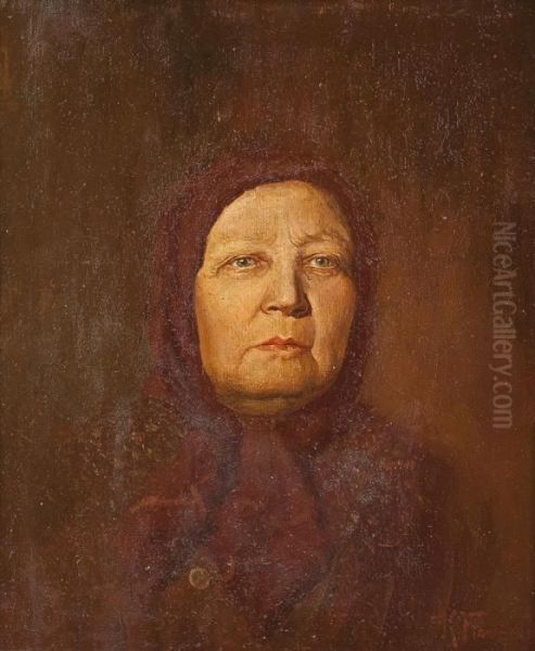 Portrait Einer Alten Mit Rotem Kopftuch Oil Painting by Konstantin Egorovich Egorovich Makovsky