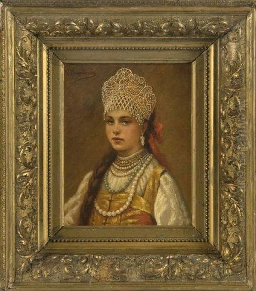 Portrait D'une Jeune Fille En Tenue Traditionnelle. Oil Painting by Konstantin Egorovich Egorovich Makovsky