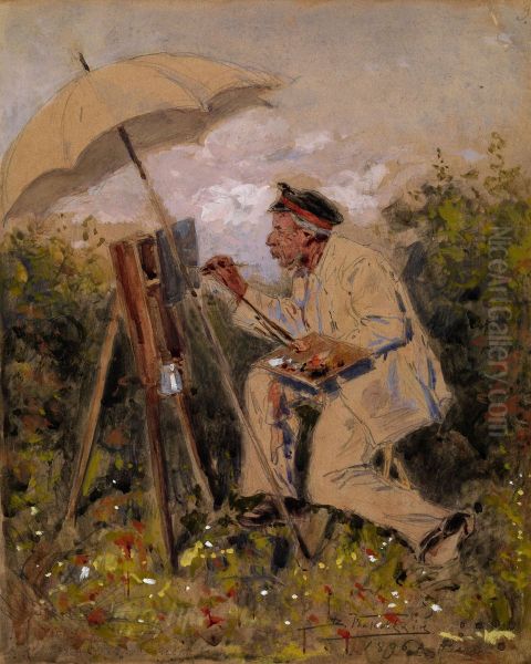 Amateur Artist Working En Plein Air Oil Painting by Vladimir Egorovic Makovsky