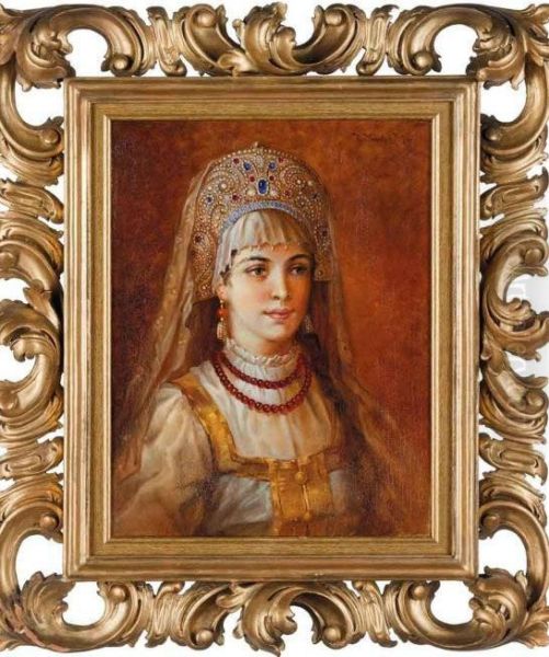 Ritratto Di Ragazza Con Monili Oil Painting by Konstantin Egorovich Makovsky