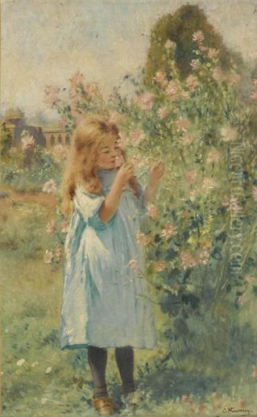 A Little Girl Smelling Mallow And Yarrow Oil Painting by Konstantin Egorovich Makovsky