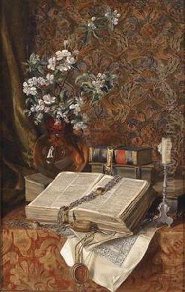 Still Life Of Folios And Cherry Blossoms Oil Painting by Francesco Malacrea