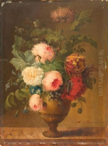 Bouquet Of Flowers In A Vase On A Stone Slab Oil Painting by Joseph Laurent Malaine