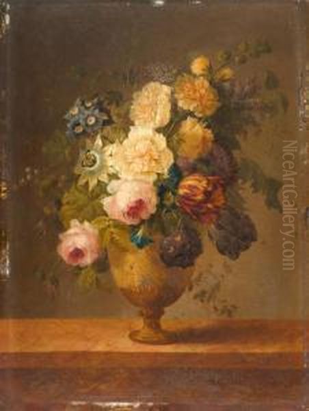 Bouquet Of Flowers With Tulips And Roses In A Stone Vase Oil Painting by Joseph Laurent Malaine