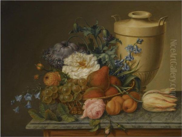 A Still Life With Peonies, Roses, Bluebells, Pears And Grapes In Abasket Together With An Urn, All On A Marble Ledge Oil Painting by Joseph Laurent Malaine