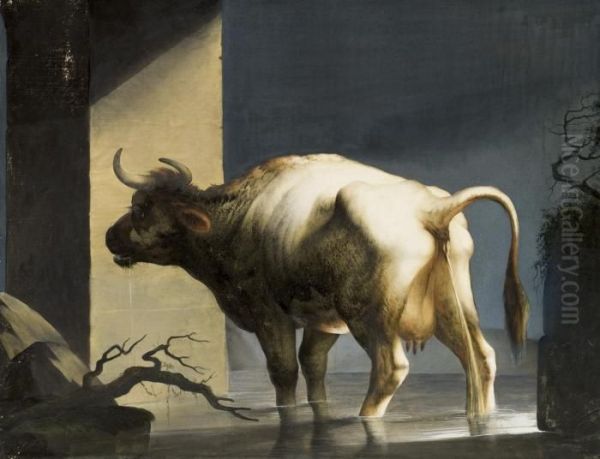 A Cow Passing Water Oil Painting by Joseph Laurent Malaine