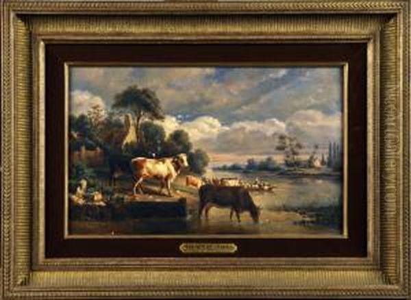 Vache S'abreuvant A La Riviere Oil Painting by Charles Alexis Malapeau