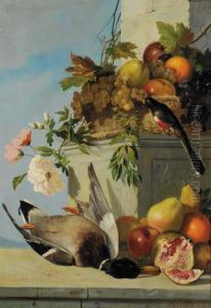 Natura Morta Con Frutta E Uccelli Oil Painting by Narciso Malatesta