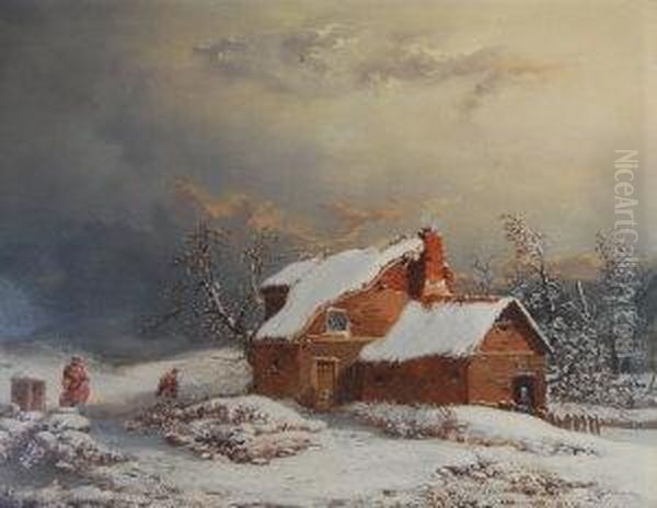 Figures By A Cottage In A Winter Wooded Landscape Oil Painting by William Malbon