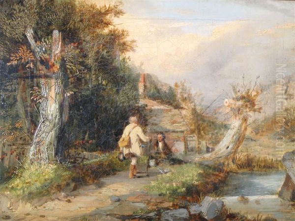 Fisherman By A Stream Near A Cottage Oil Painting by William Malbon