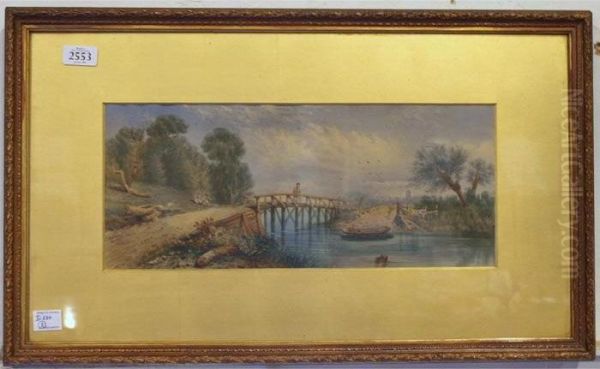 Landscape Study Of A Man On Wooden Bridge Oil Painting by Edward Green Malbone