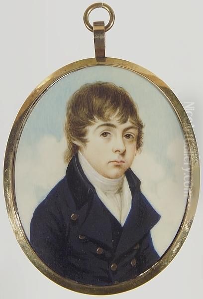 A Boy, Wearing Dark Blue Coat With Black Collar, White Waistcoat And Cravat. Oil Painting by Edward Green Malbone