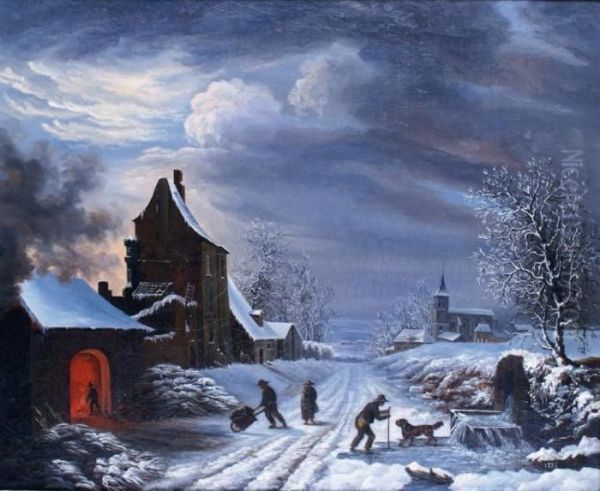 Paysage De Neige Au Soleil Couchant Oil Painting by Louis Claude Malbranche