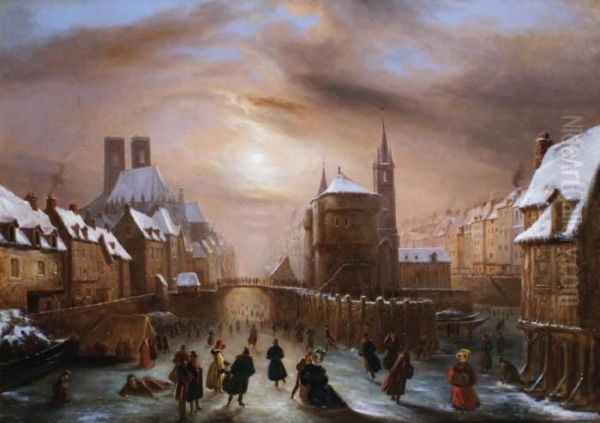 Scene De Patinage A Paris Oil Painting by Louis Claude Malbranche