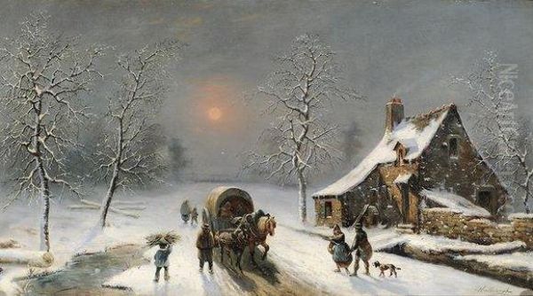 Charette Dans La Neige Au Clair De Lune Oil Painting by Louis Claude Malbranche