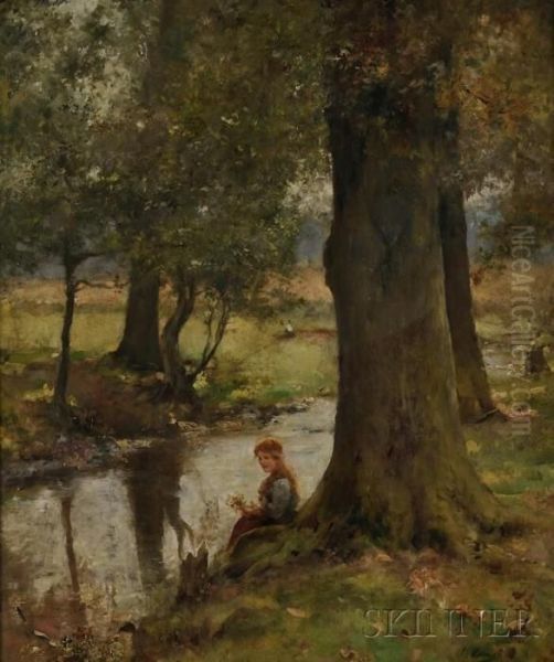 Young Woman Seated By A Stream Oil Painting by Leo Malempre