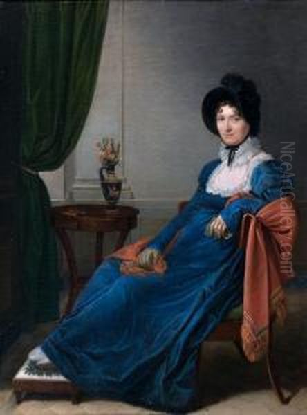 Portrait De Jeune Femme En Robe Bleu Et Chale D'indienne Rouge Oil Painting by Mathilde Malenchini