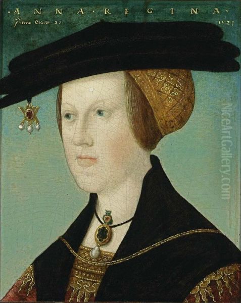 A Portrait Of Anne Of Hungary (1503-1547), At The Age Of 20, Head And Shoulders, Wearing A Red And Gilt-embroidered Dress With A Black Cape, Together With A Black And Gold Headdress Adorned With A Piece Of Gold And Pearl Jewellery Oil Painting by Hans Maler