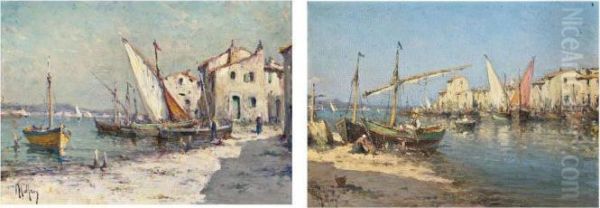 A French Fishing Village Oil Painting by Charles Malfroy