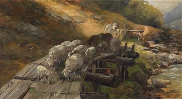 Sheep Crossing A River Oil Painting by Christian Friedrich Mali