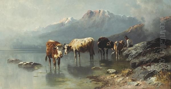 Cattle Watering In A Mountainous Landscape Oil Painting by Christian Friedrich Mali